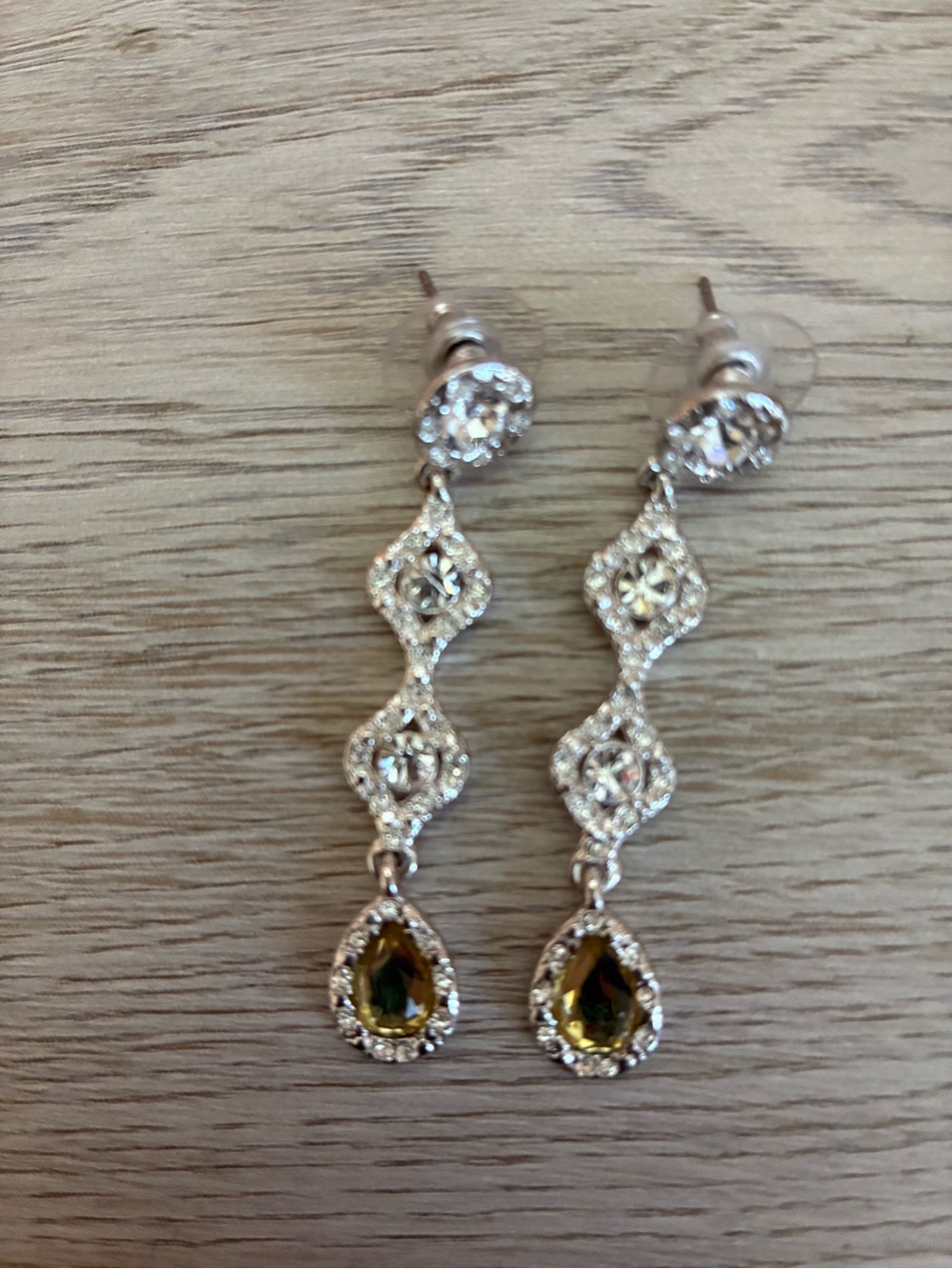 Estate Silver-Tone Dangle Earrings with Yellow Teardrop Stones